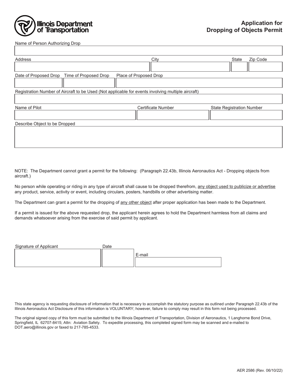Form AER2586 Application for Dropping of Objects Permit - Illinois, Page 1
