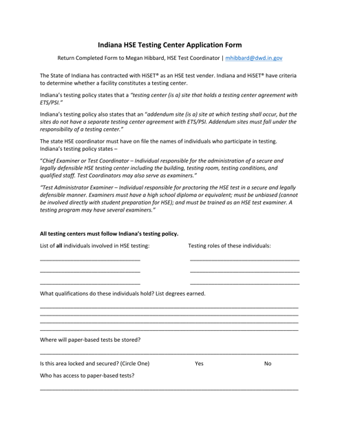 Indiana Hse Testing Center Application Form - Indiana