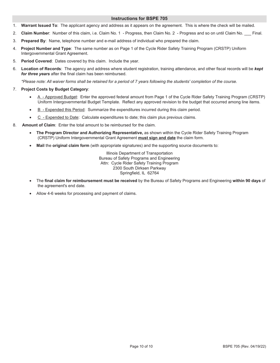 Form BSPE705 Cycle Rider Safety Claim for Reimbursement - Illinois, Page 10