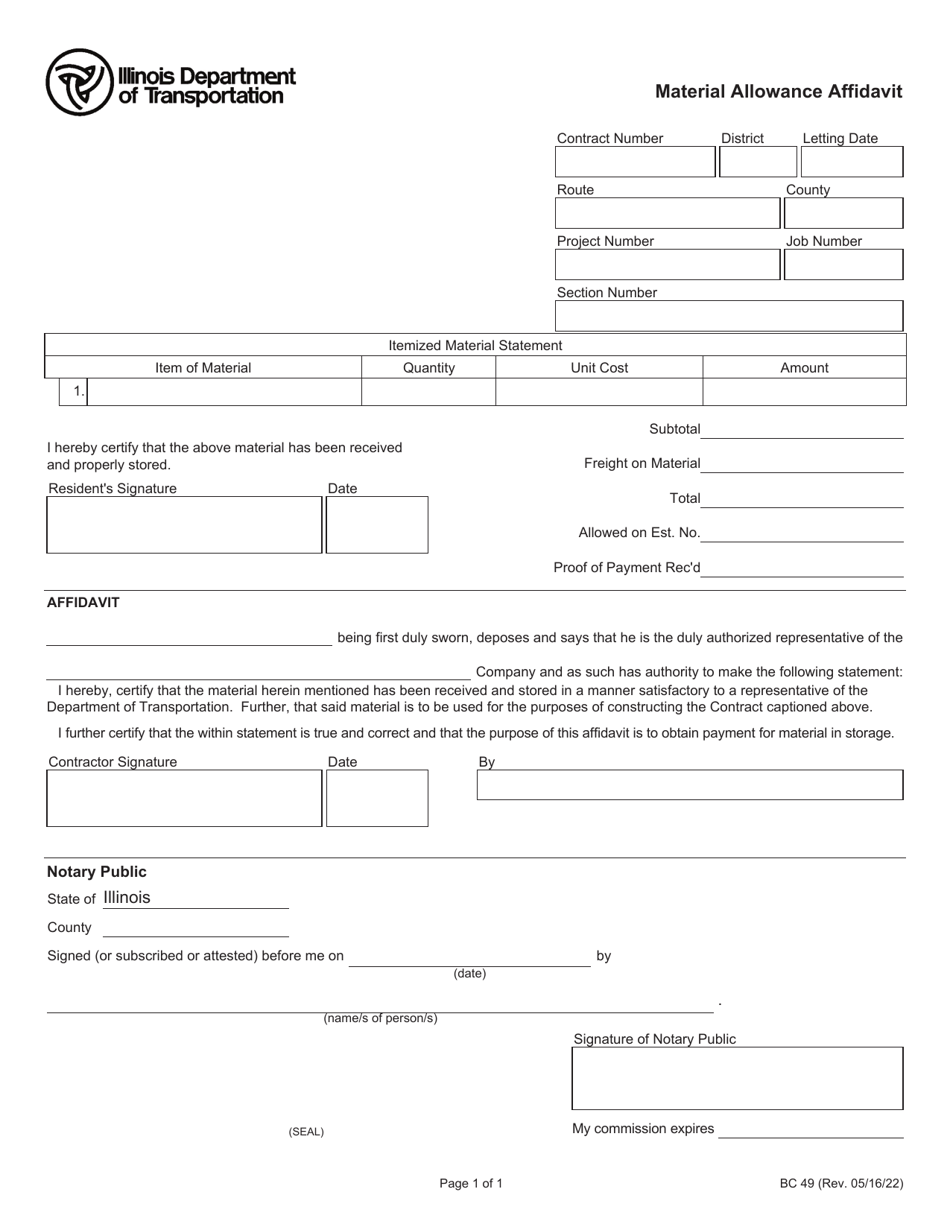Form BC49 Material Allowance Affidavit - Illinois, Page 1
