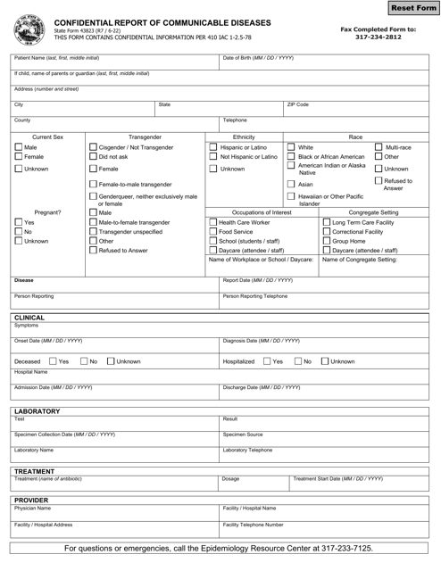 State Form 43823 Confidential Report of Communicable Diseases - Indiana