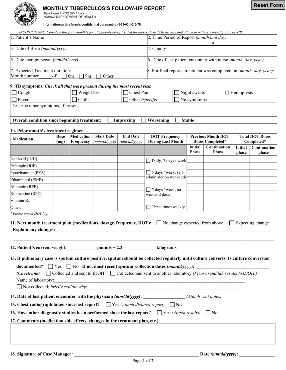State Form 48092 Monthly Tuberculosis Follow-Up Report - Indiana, Page 1