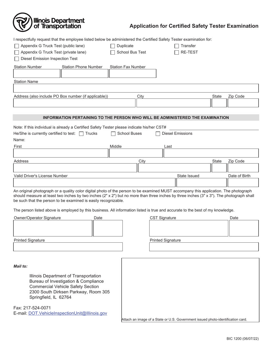 Form BIC1200 Application for Certified Safety Tester Examination - Illinois, Page 1