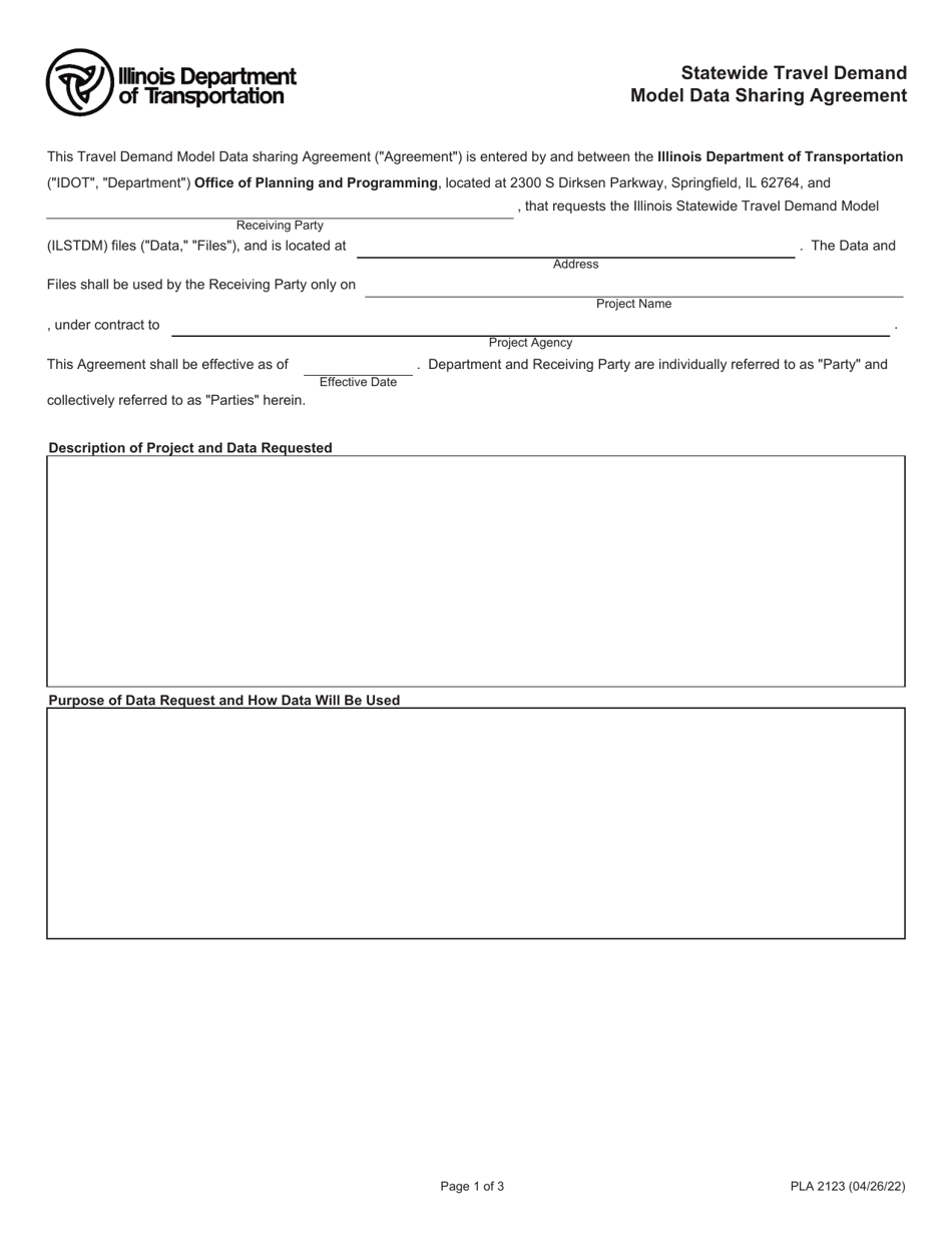 Form PLA2123 Statewide Travel Demand Model Data Sharing Agreement - Illinois, Page 1