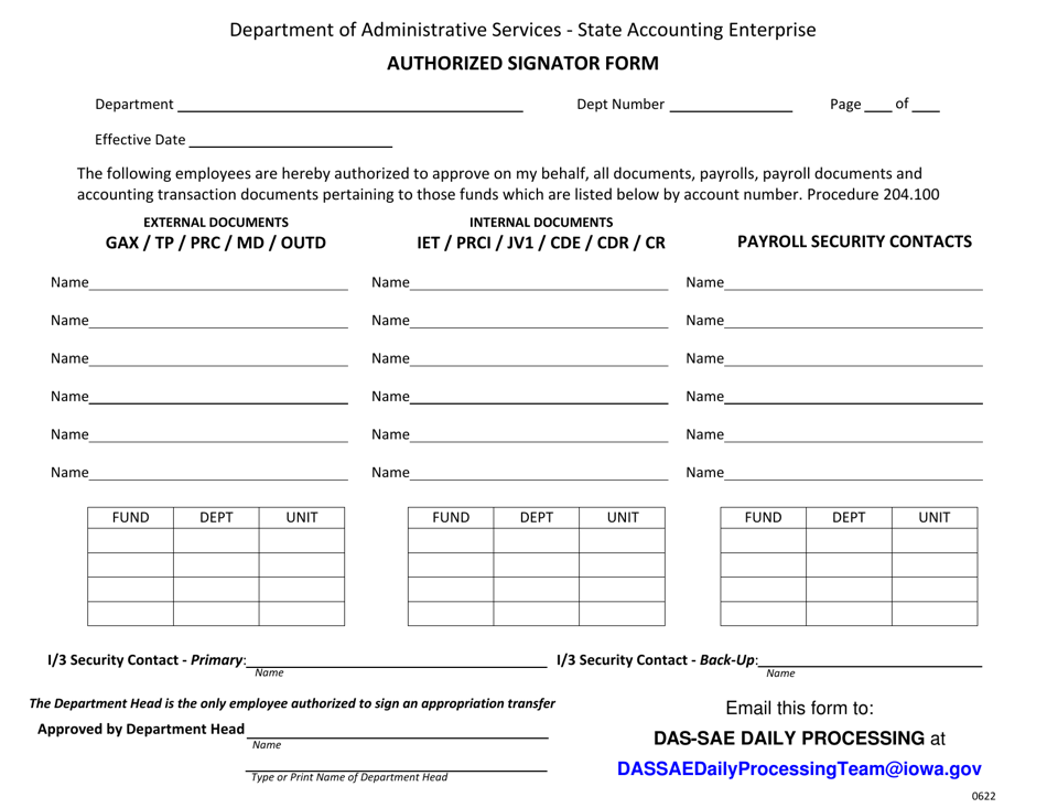 Authorized Signator Form - Iowa, Page 1