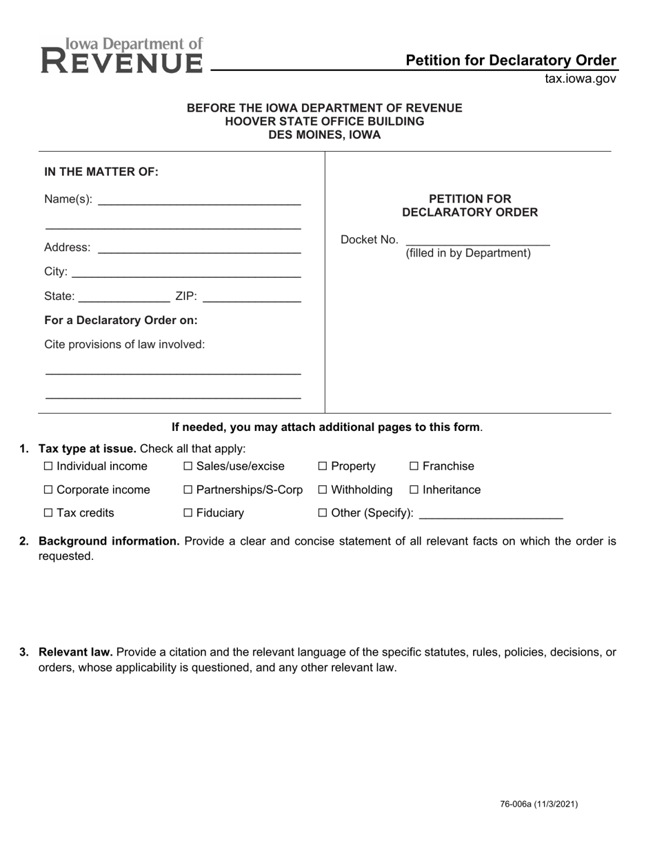 Form 76-006 Petition for Declaratory Order - Iowa, Page 1