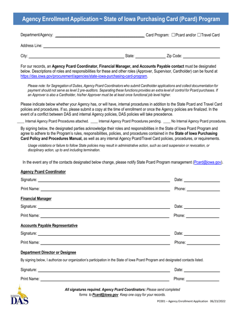 Form PC001 Agency Enrollment Application - State of Iowa Purchasing Card (Pcard) Program - Iowa