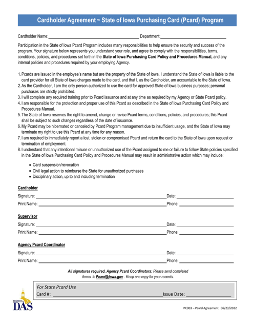 Form PC003 Cardholder Agreement - State of Iowa Purchasing Card (Pcard) Program - Iowa