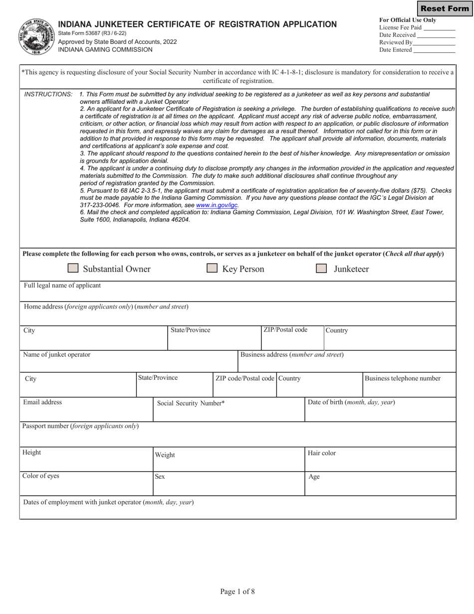 State Form 53687 Indiana Junketeer Certificate of Registration Application - Indiana, Page 1