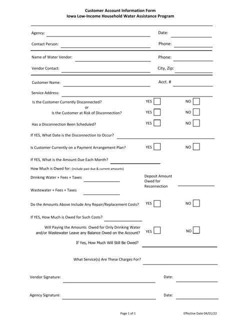 Customer Account Information Form - Iowa Low-Income Household Water Assistance Program - Iowa Download Pdf