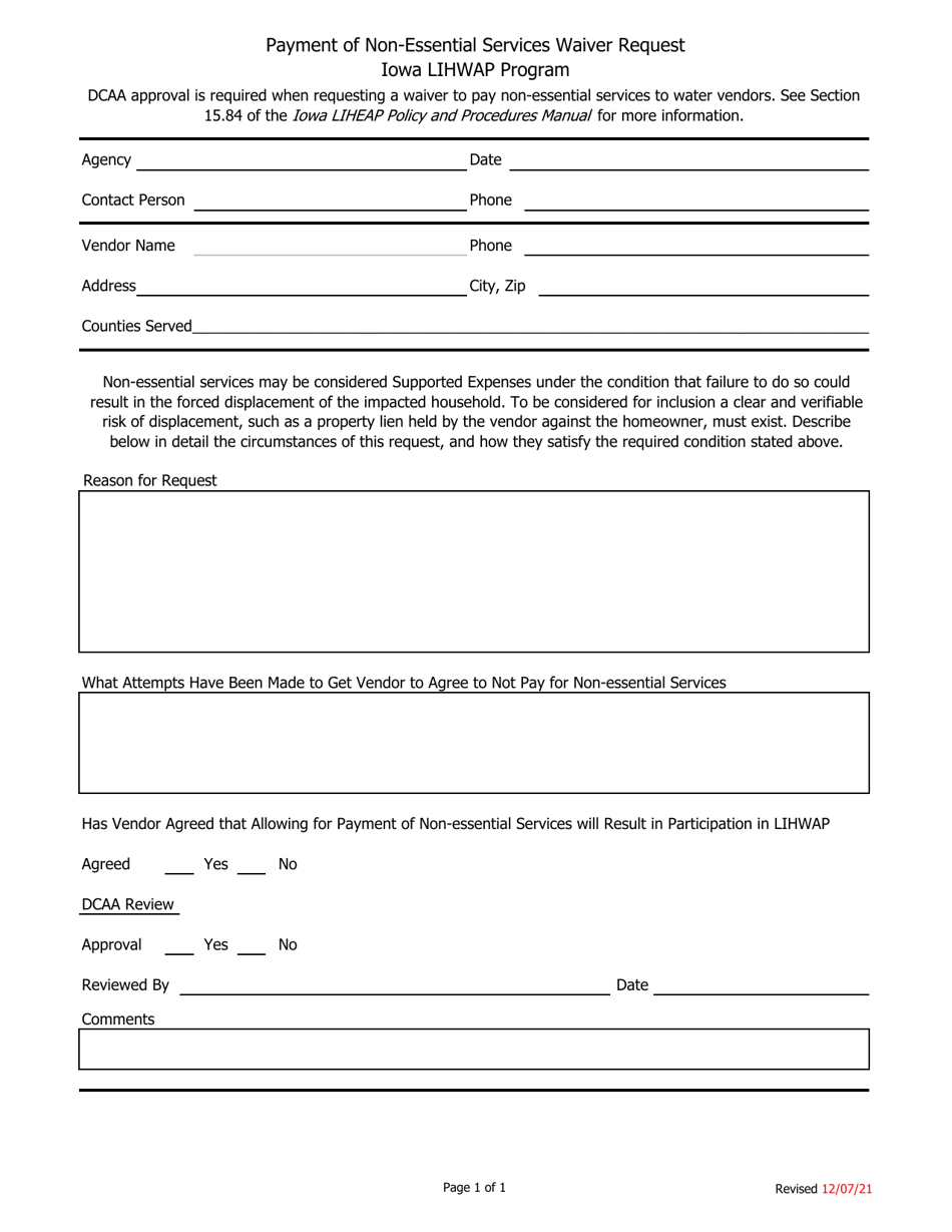 Payment of Non-essential Services Waiver Request - Iowa Lihwap Program - Iowa, Page 1