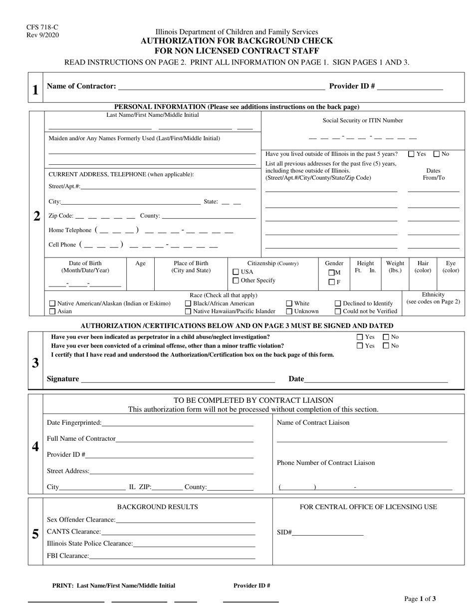 Form CFS718-C Authorization for Background Check for Non Licensed Contract Staff - Illinois, Page 1