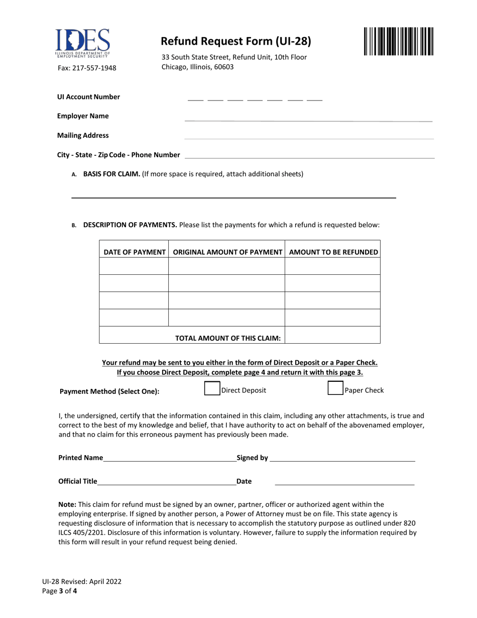 Form UI-28 Refund Request Form - Illinois, Page 3
