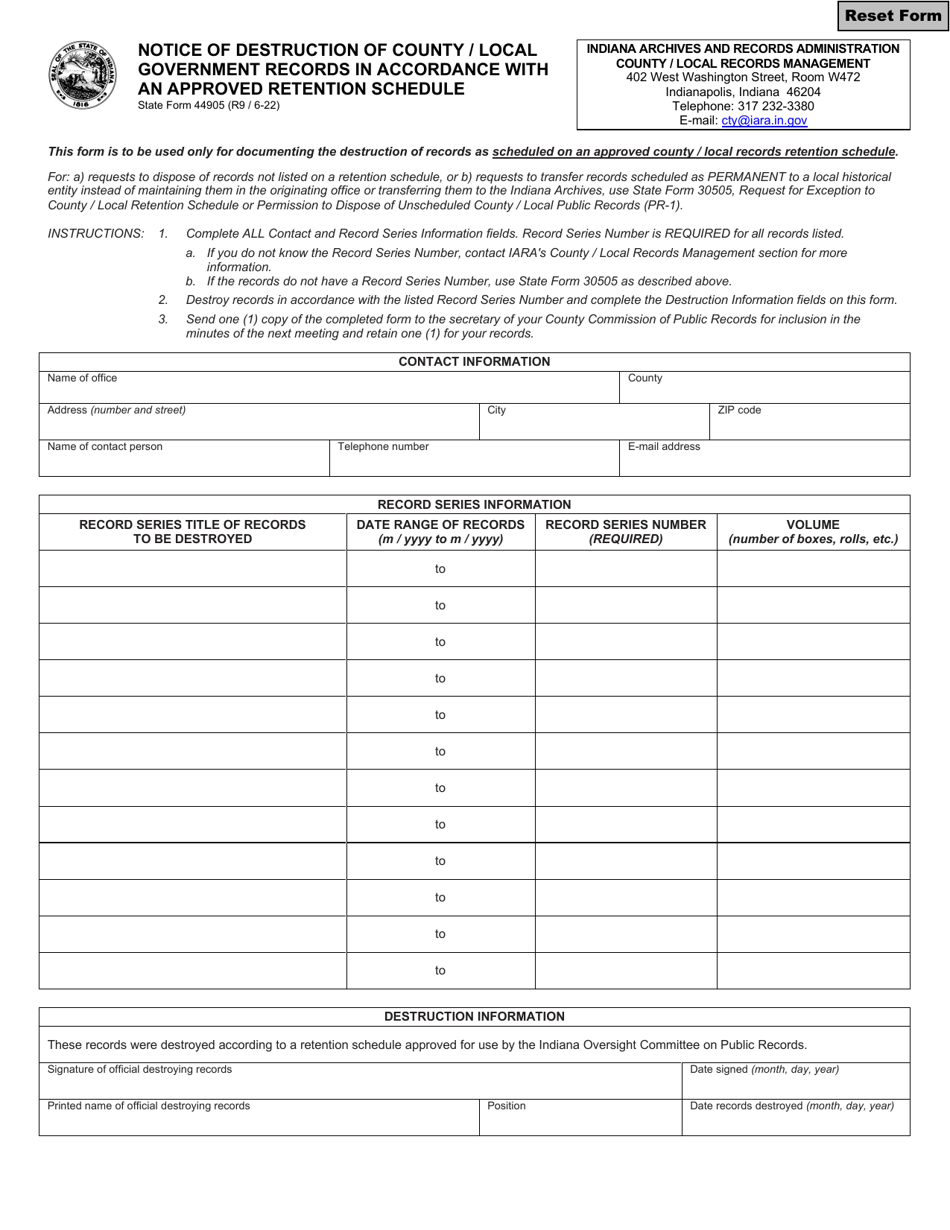 State Form 44905 Notice of Destruction of County / Local Government Records in Accordance With an Approved Retention Schedule - Indiana, Page 1