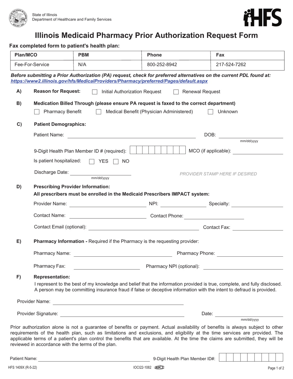 Form HFS1409X Illinois Medicaid Pharmacy Prior Authorization Request Form - Illinois, Page 1