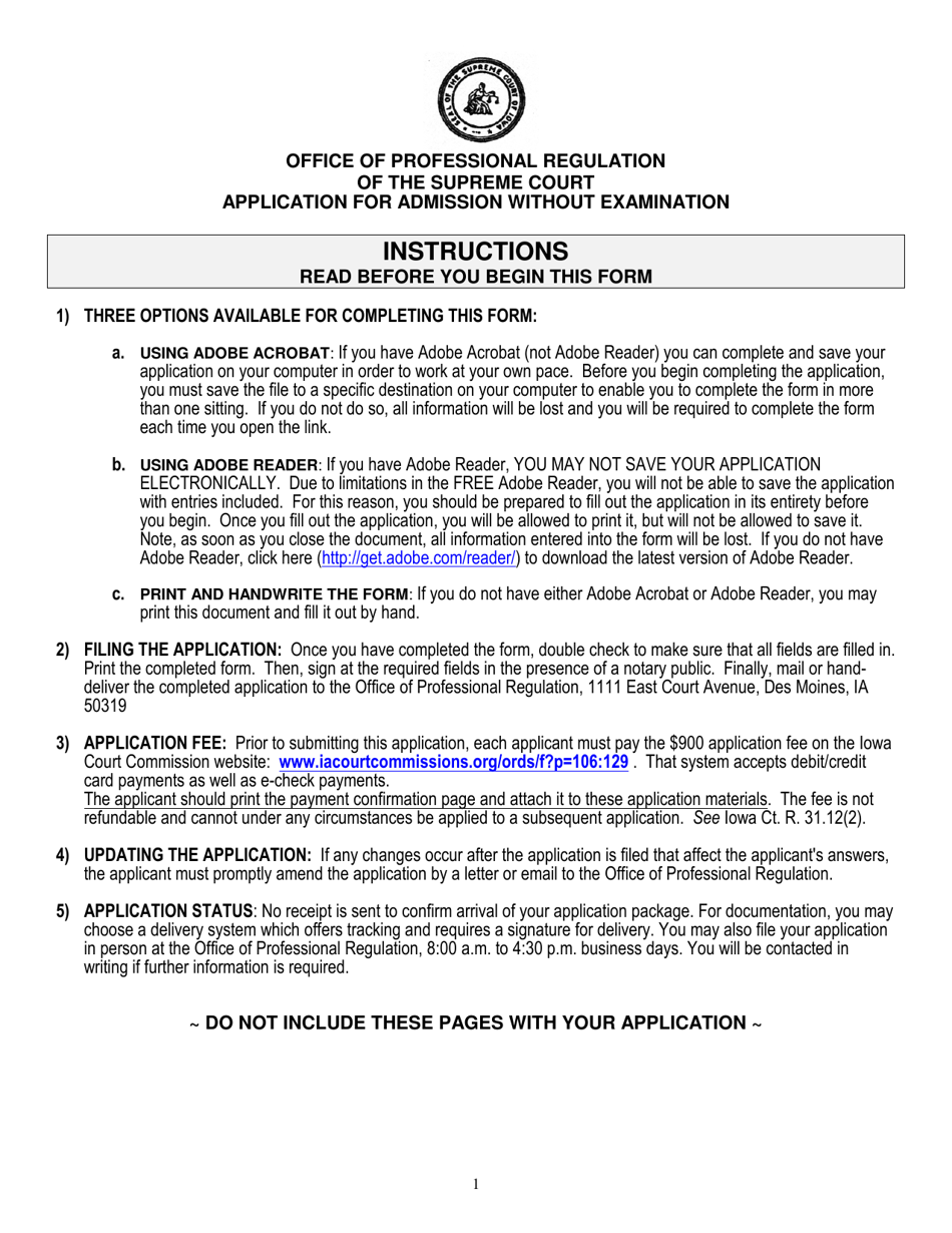 Application for Admission Without Examination - Iowa, Page 1