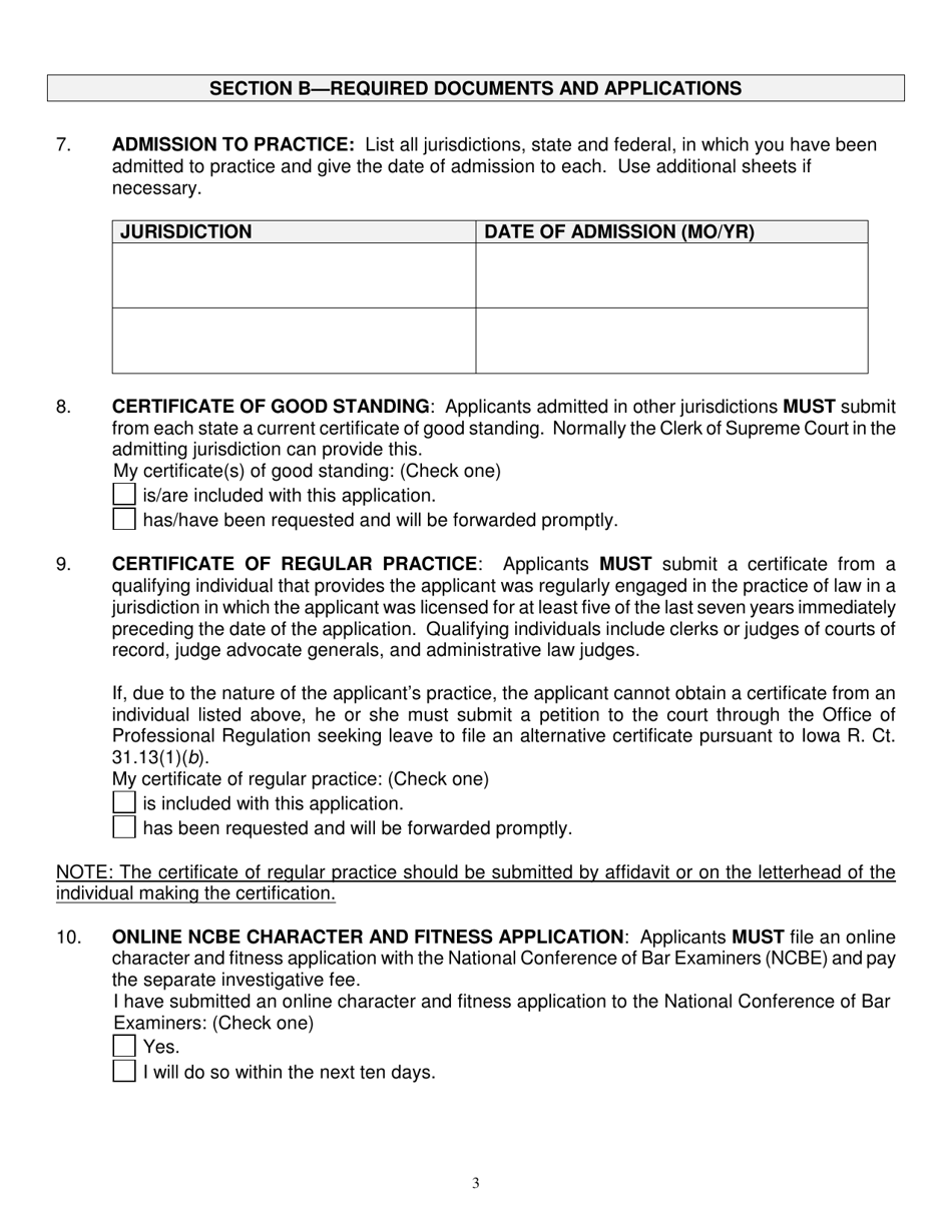 Application for Admission Without Examination - Iowa, Page 3