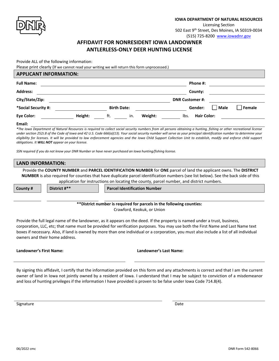 DNR Form 542-8066 Affidavit for Nonresident Iowa Landowner Antlerless-Only Deer Hunting License - Iowa, Page 1