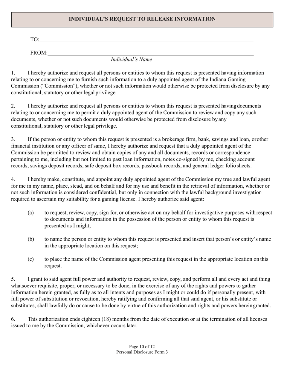 Form 3 (State Form 46782) Personal Disclosure Form - Indiana, Page 10