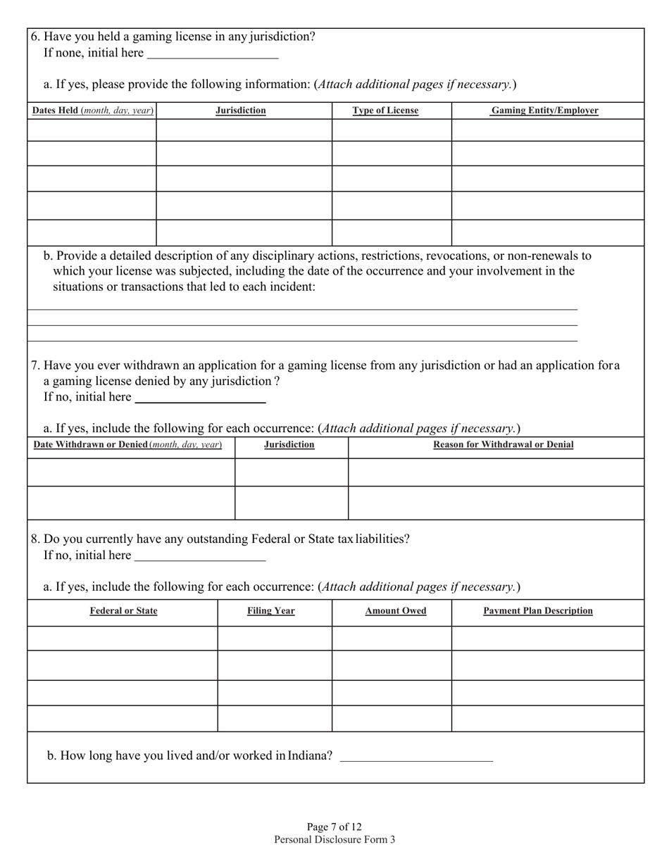 Form 3 (State Form 46782) Personal Disclosure Form - Indiana, Page 7