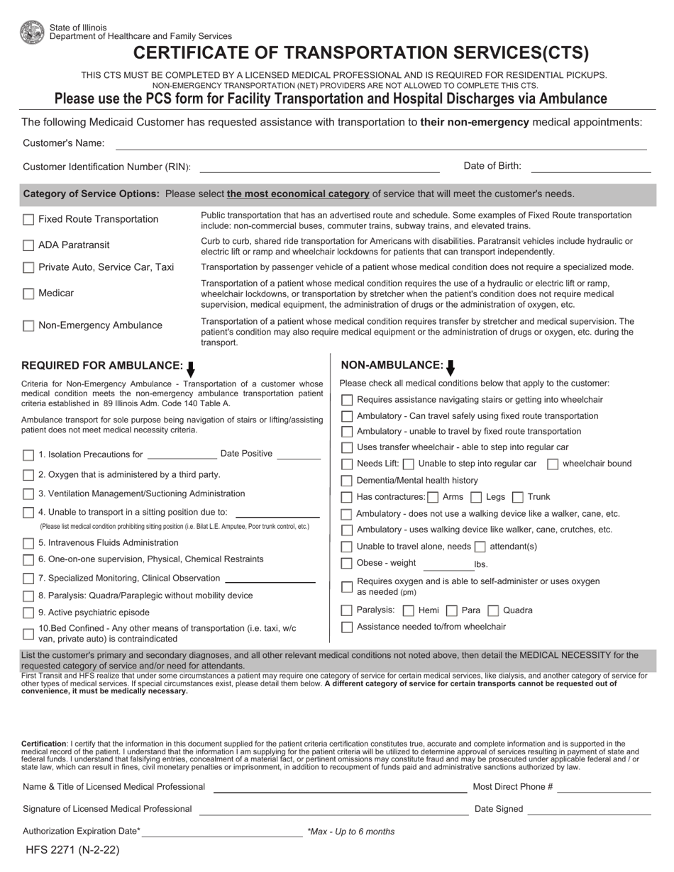 Form HFS2271 Certificate of Transportation Services(Cts) - Illinois, Page 1