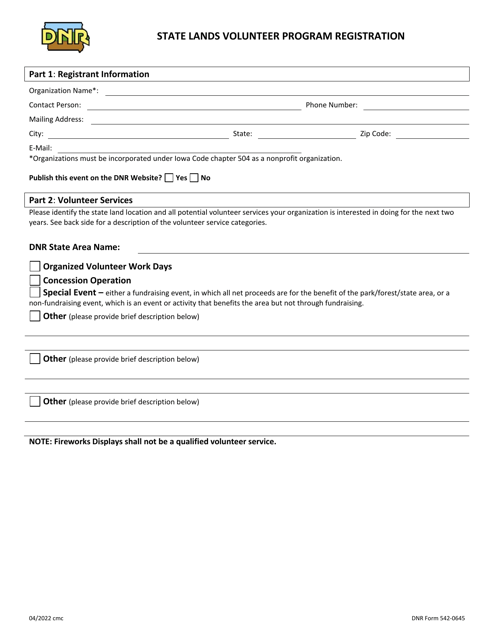 DNR Form 542-0645  Printable Pdf
