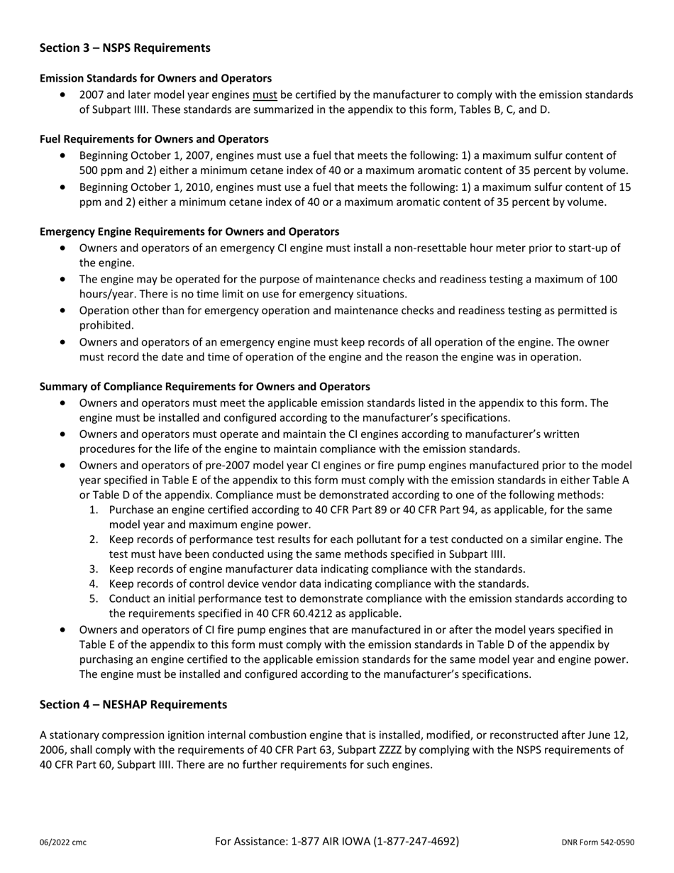 DNR Form 542-0590 Registration for Stationary Compression Ignition Internal Combustion Engines Less Than 400 Brake Horsepower - Iowa, Page 3