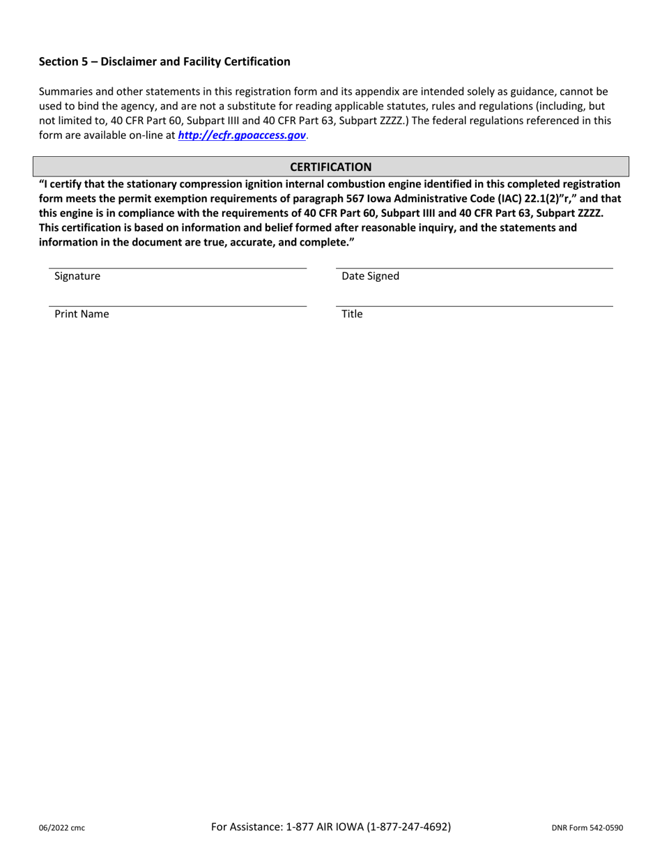 DNR Form 542-0590 Registration for Stationary Compression Ignition Internal Combustion Engines Less Than 400 Brake Horsepower - Iowa, Page 4