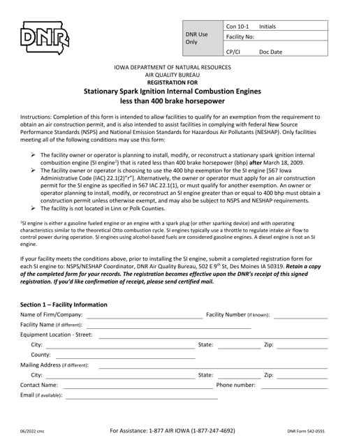 DNR Form 542-0591 Registration for Stationary Spark Ignition Internal Combustion Engines Less Than 400 Brake Horsepower - Iowa