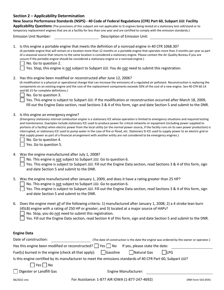 DNR Form 542-0591 Registration for Stationary Spark Ignition Internal Combustion Engines Less Than 400 Brake Horsepower - Iowa, Page 2