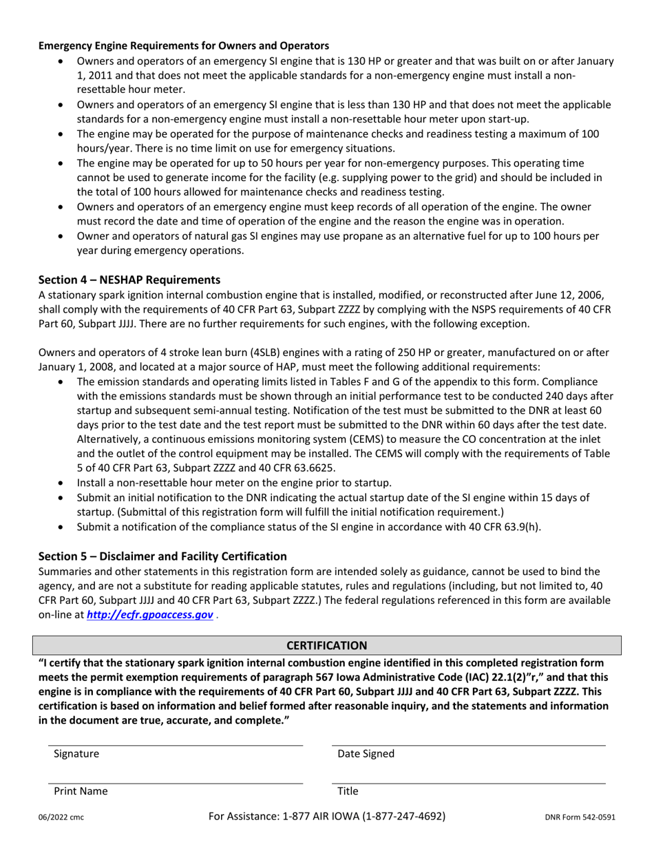 DNR Form 542-0591 Registration for Stationary Spark Ignition Internal Combustion Engines Less Than 400 Brake Horsepower - Iowa, Page 4