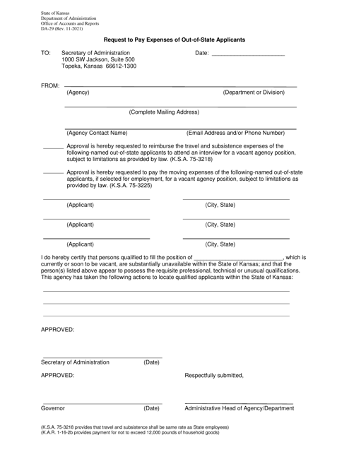 Form DA-29 Request to Pay Expenses of Out-of-State Applicants - Kansas