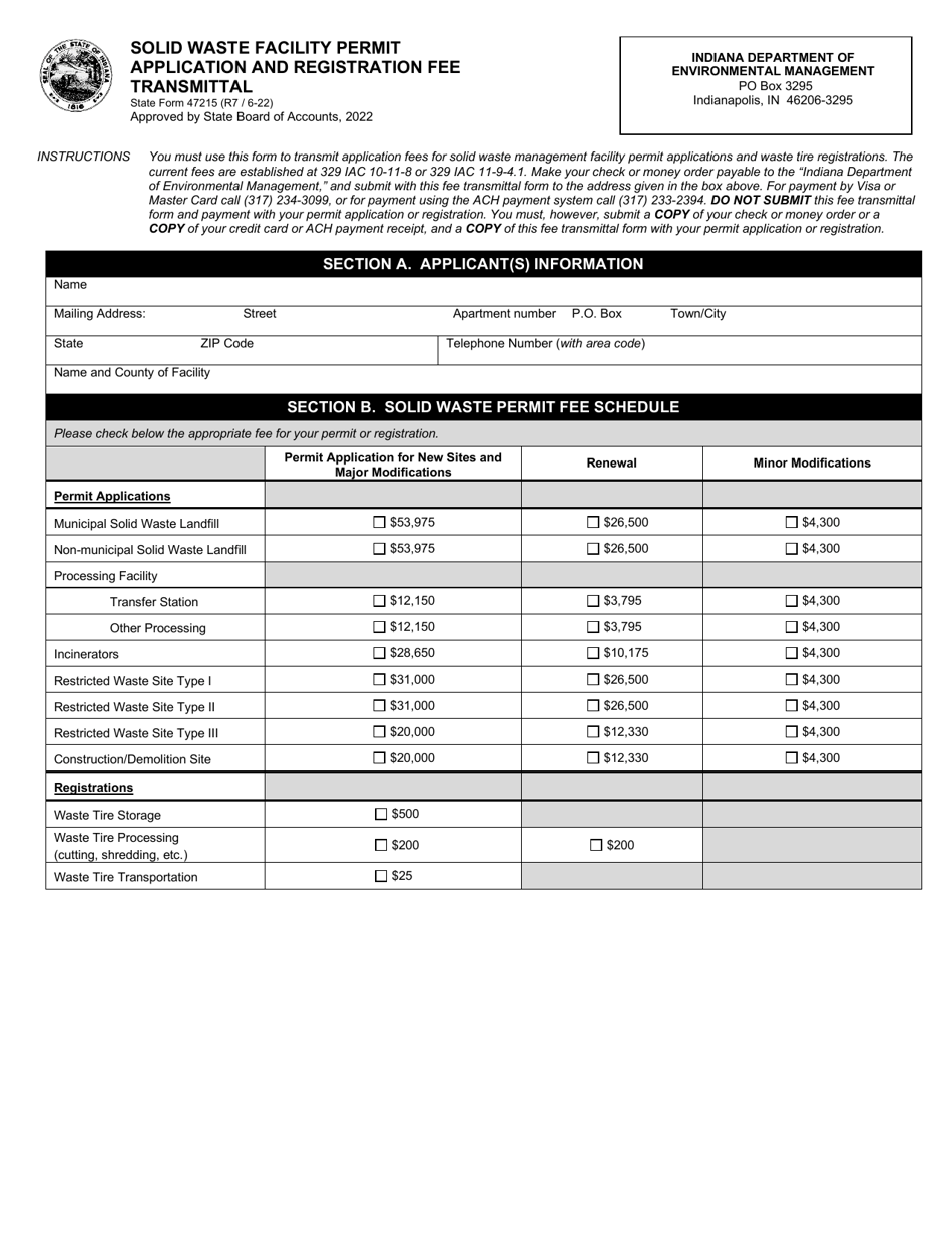 State Form 47215 Solid Waste Facility Permit Application and Registration Fee Transmittal - Indiana, Page 1
