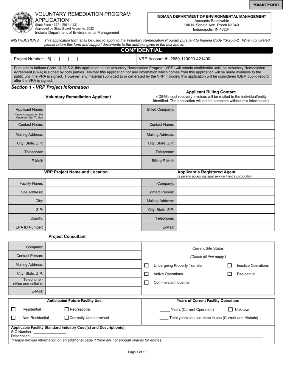 State Form 47271 Voluntary Remediation Program Application - Indiana, Page 1