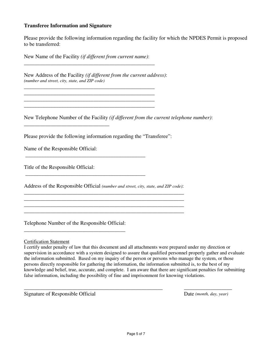 State Form 53920 Late Notification of Transfers of Ownership Request for Npdes Permit - Indiana, Page 5
