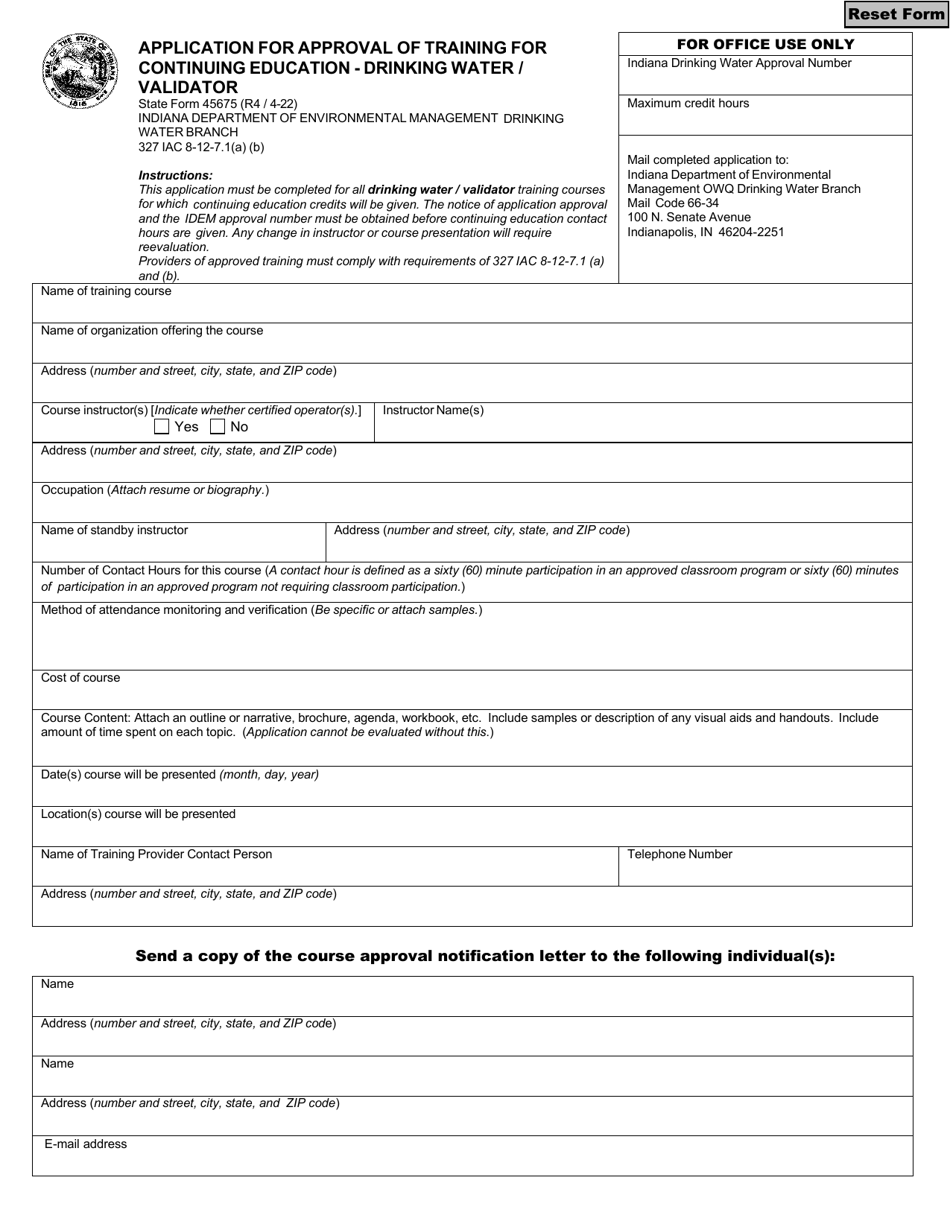 State Form 45675 Application for Approval of Training for Continuing Education - Drinking Water / Validator - Indiana, Page 1