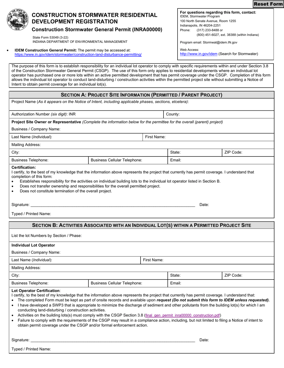State Form 53049 Construction Stromwater Resifdential Development Registration - Indiana, Page 1