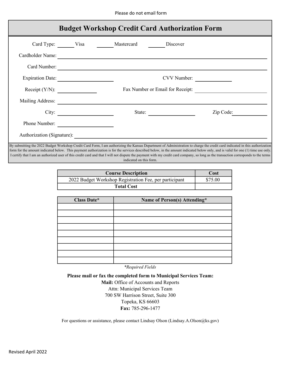 Budget Workshop Credit Card Authorization Form - Kansas, Page 1