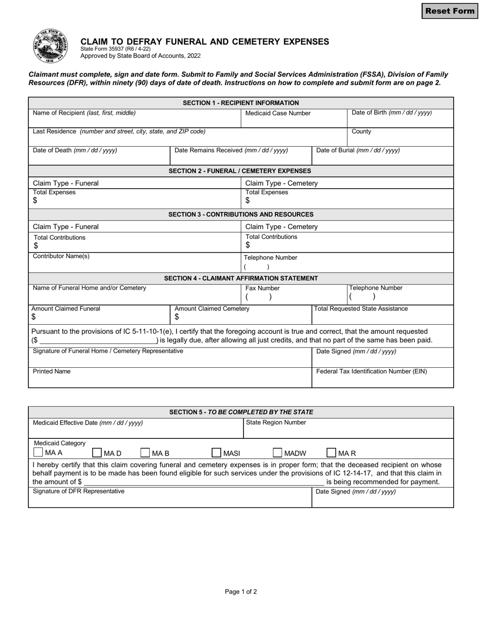 State Form 35937 Claim to Defray Funeral and Cemetery Expenses - Indiana, Page 1
