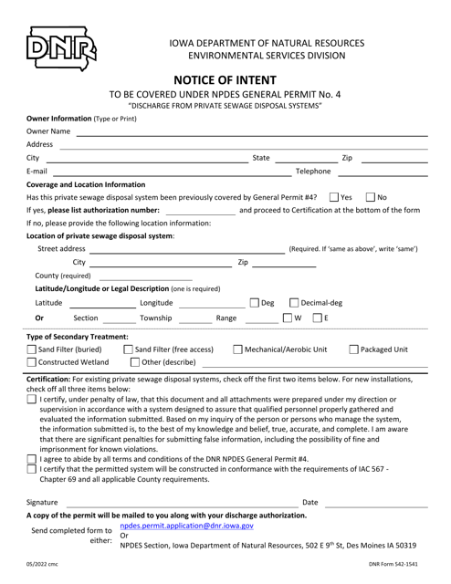 DNR Form 542-1541 Notice of Intent for Npdes Coverage Under General Permit 4 on-Site Wastewater and Treatment and Disposal System Secondary Treatment - Iowa