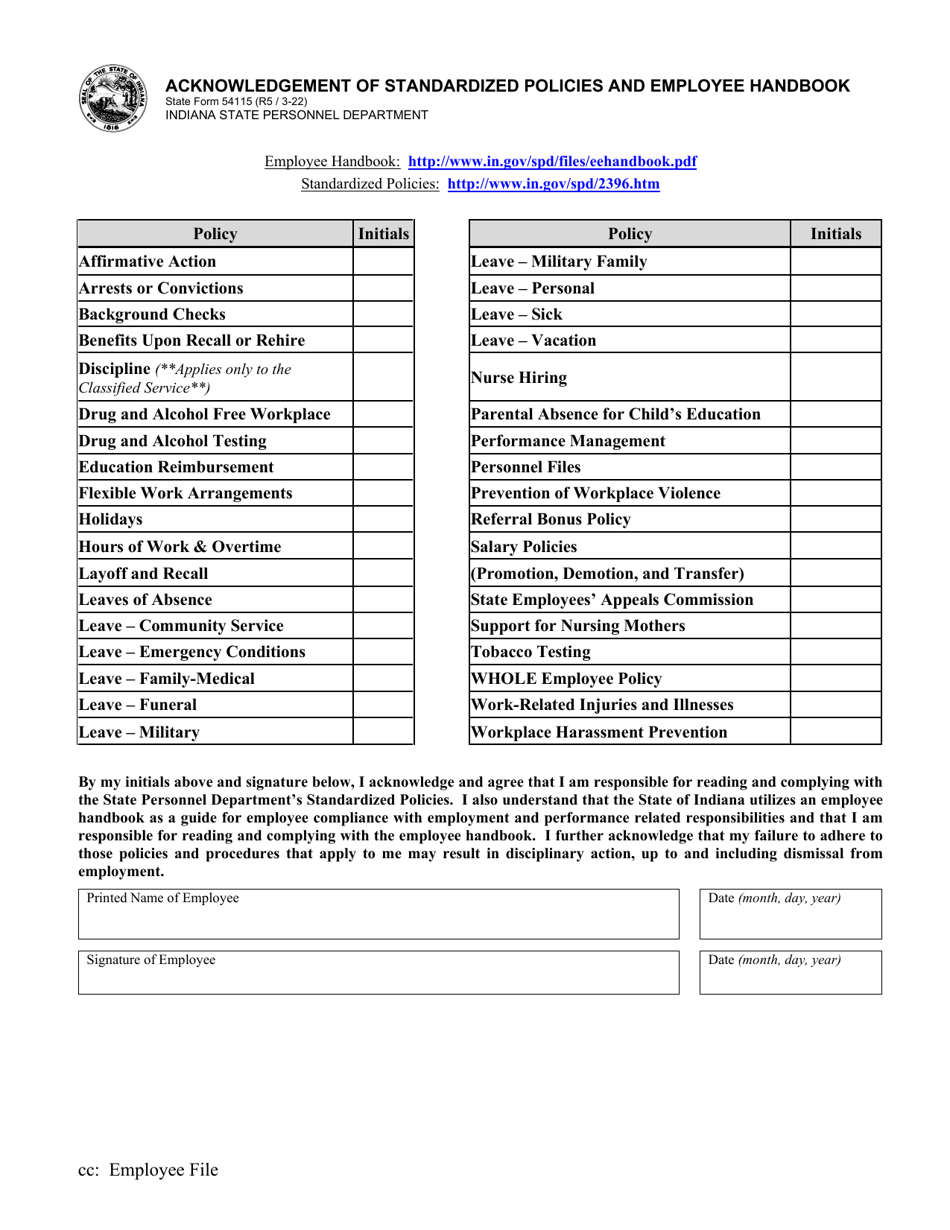 State Form 54115 Acknowledgement of Standardized Policies and Employee Handbook - Indiana, Page 1