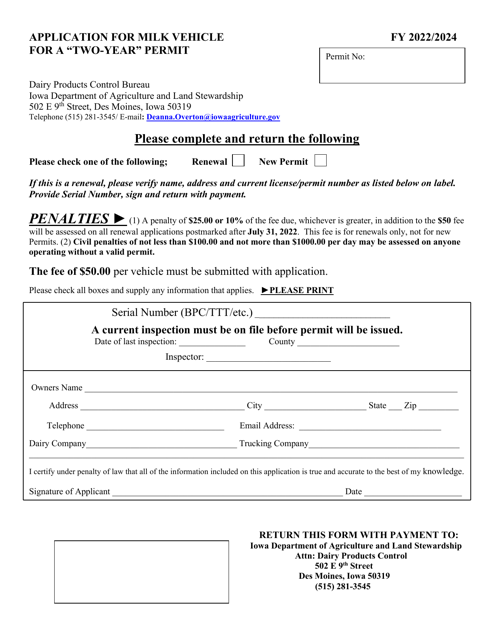 Application for Milk Vehicle for a "two-Year" Permit - Iowa Download Pdf