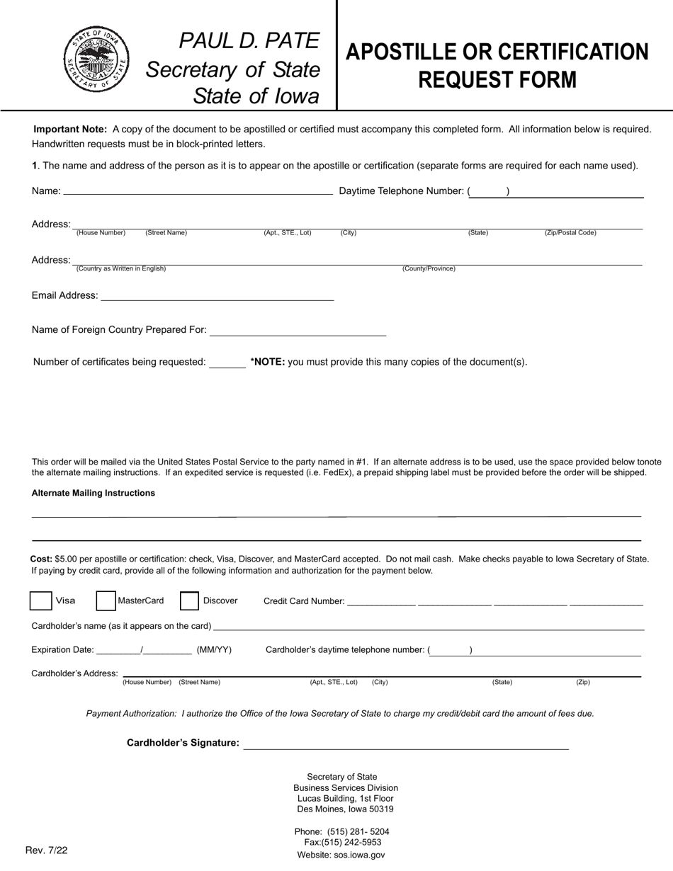Apostille or Certification Request Form - Iowa, Page 1