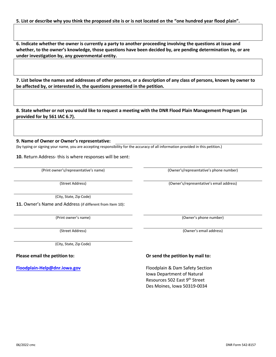 DNR Form 542-8157 Petition for a Flood Plain Determination or Flood Plain Declaratory Order - Iowa, Page 2