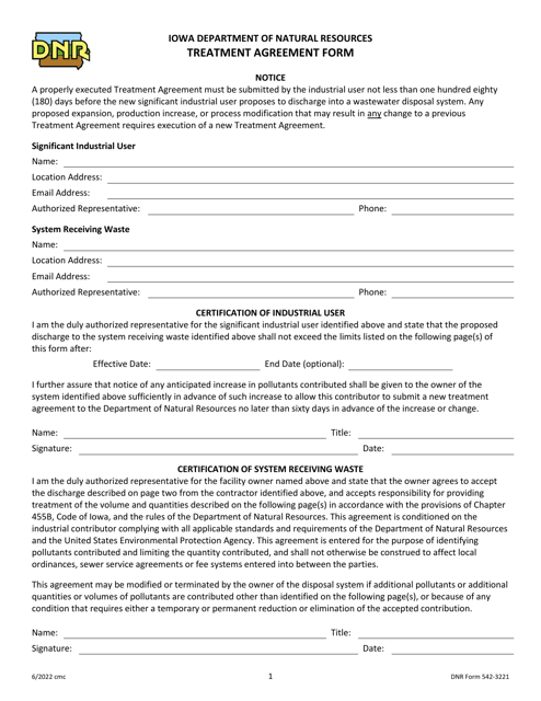 DNR Form 542-3221 Treatment Agreement Form - Iowa