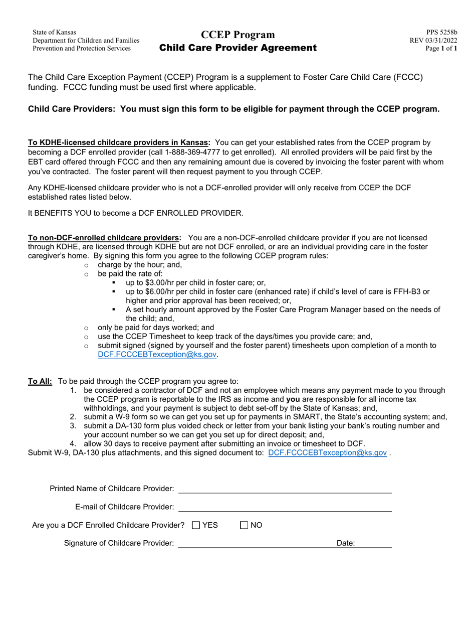 Form PPS5258B Child Care Provider Agreement - Ccep Program - Kansas, Page 1