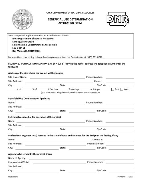 DNR Form 542-0056 Beneficial Use Determination Application Form - Iowa