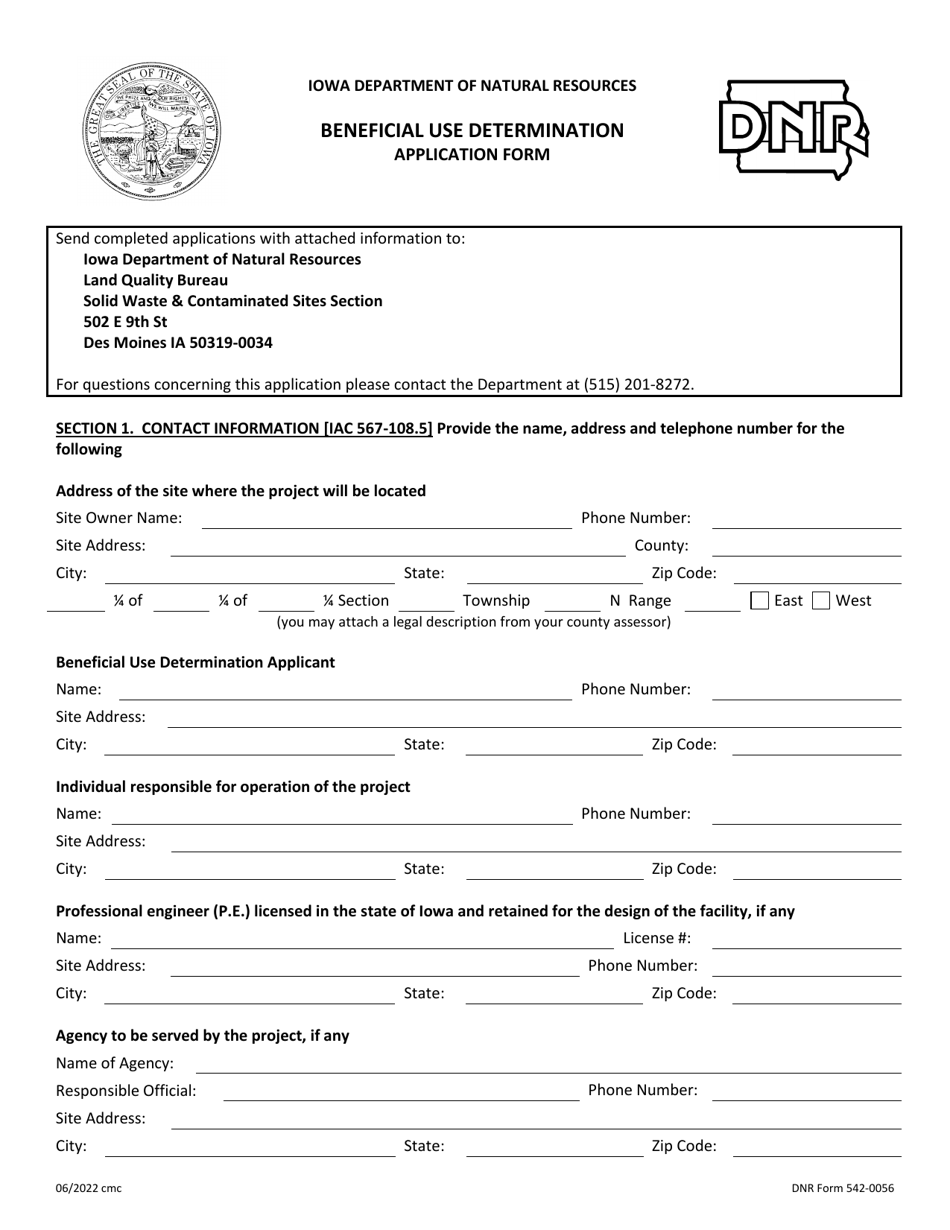 DNR Form 542-0056 Beneficial Use Determination Application Form - Iowa, Page 1