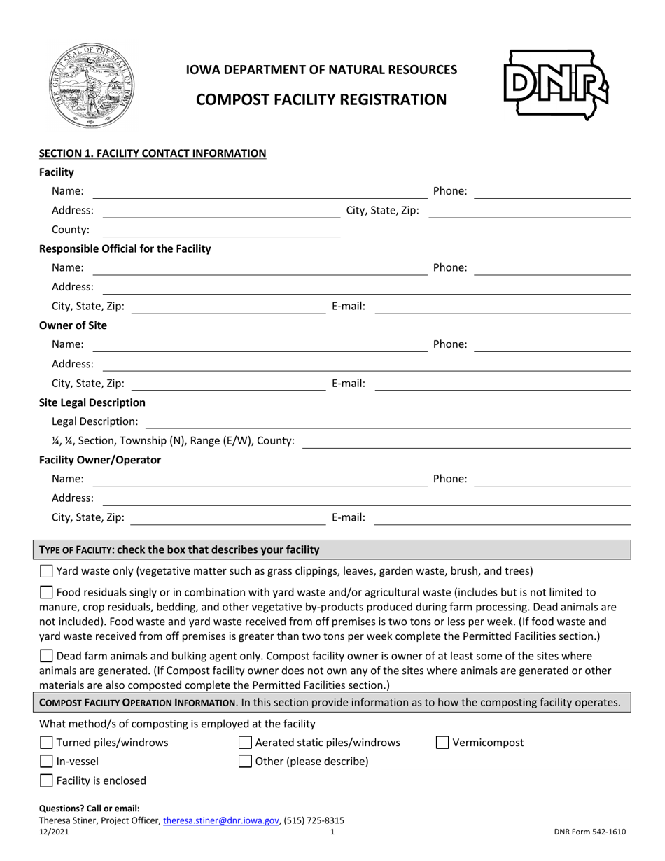 DNR Form 542-1610 Compost Facility Registration - Iowa, Page 1