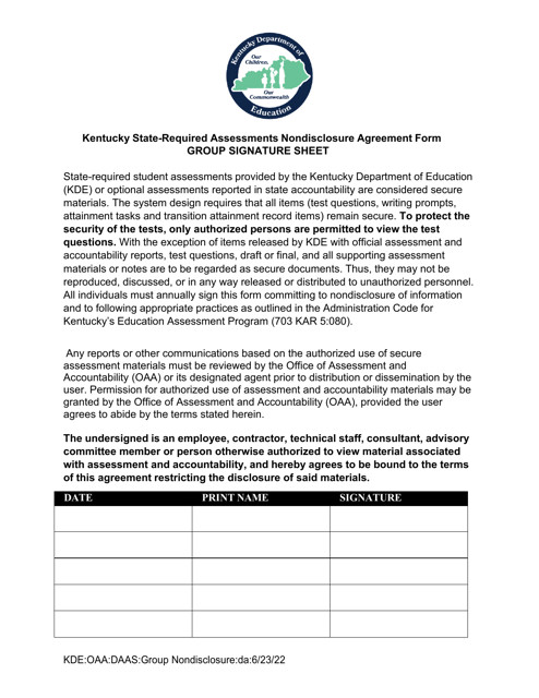 Kentucky State-Required Assessments Nondisclosure Agreement Form - Group Signature Sheet - Kentucky Download Pdf